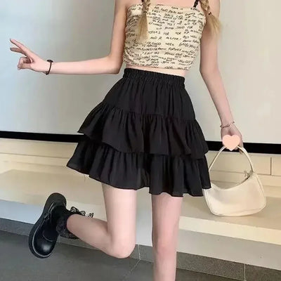 Pleated A-line Skirt White Women Ruffles Sweet Hottie Preppy Style Elastic Elastic Waist Slim Thin Simple Casual Skirts