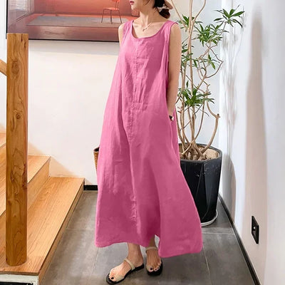 Fashion Casual Boho Dress For Women Summer Elegant Sleeveless Sundress Solid Beach Party Loose Dresses Robe Femme New Vestidos