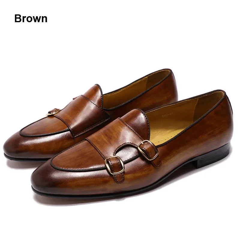 FELIX CHU Summer Autumn Men's Loafers Genuine Leather Hand Painted Monk Strap Men's Dress Shoes Wedding Party Mens Footwear