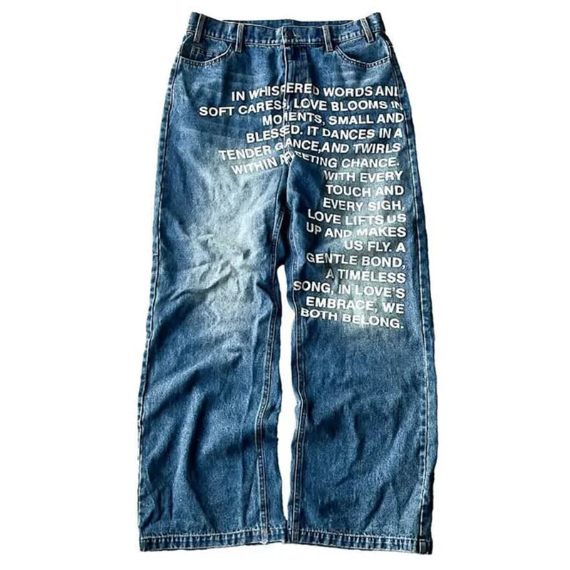 Y2K men Jeans gothic American Pattern letter jeans vintage Casual men women Harajuku Fashion streetwear Hip Hop wide leg jeans