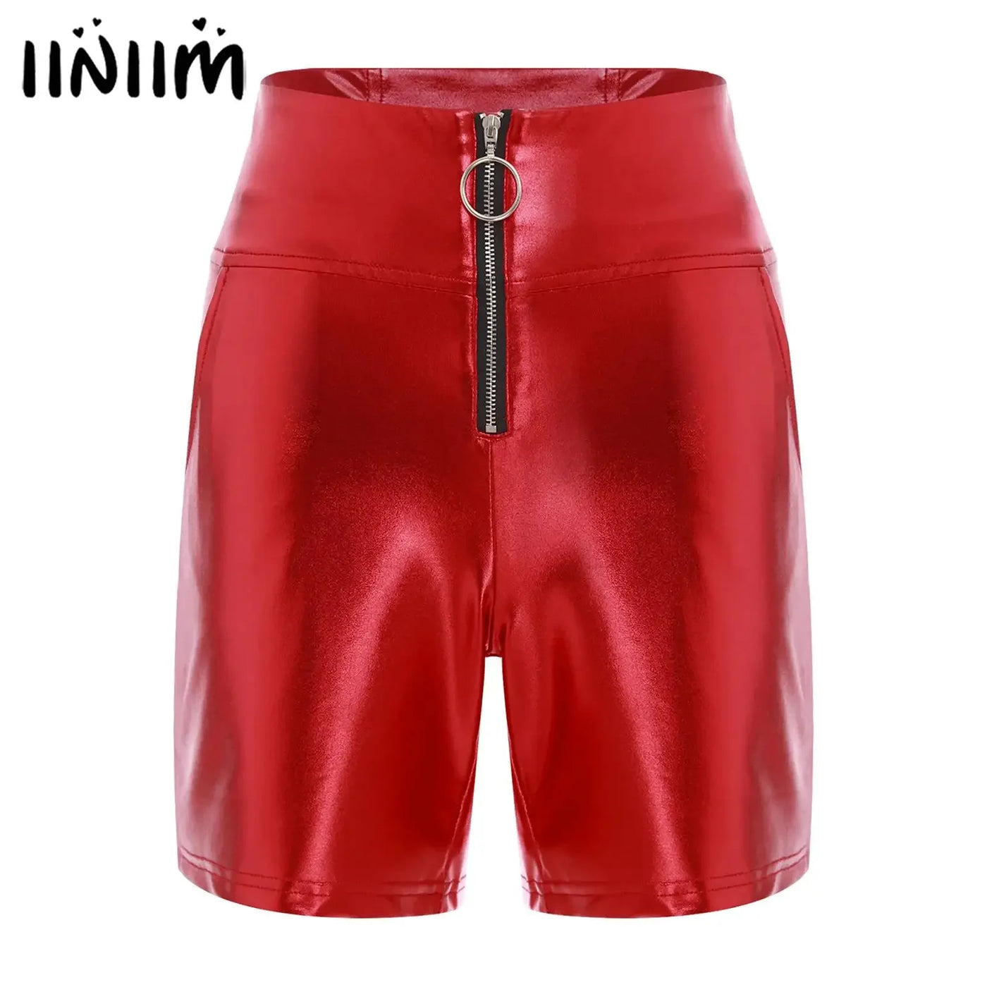 Womens Metallic Shiny Biker Tights Shorts High Waist Front Zipper Pockets Bodycon Short Leggings Motor Riding Dance Shorts