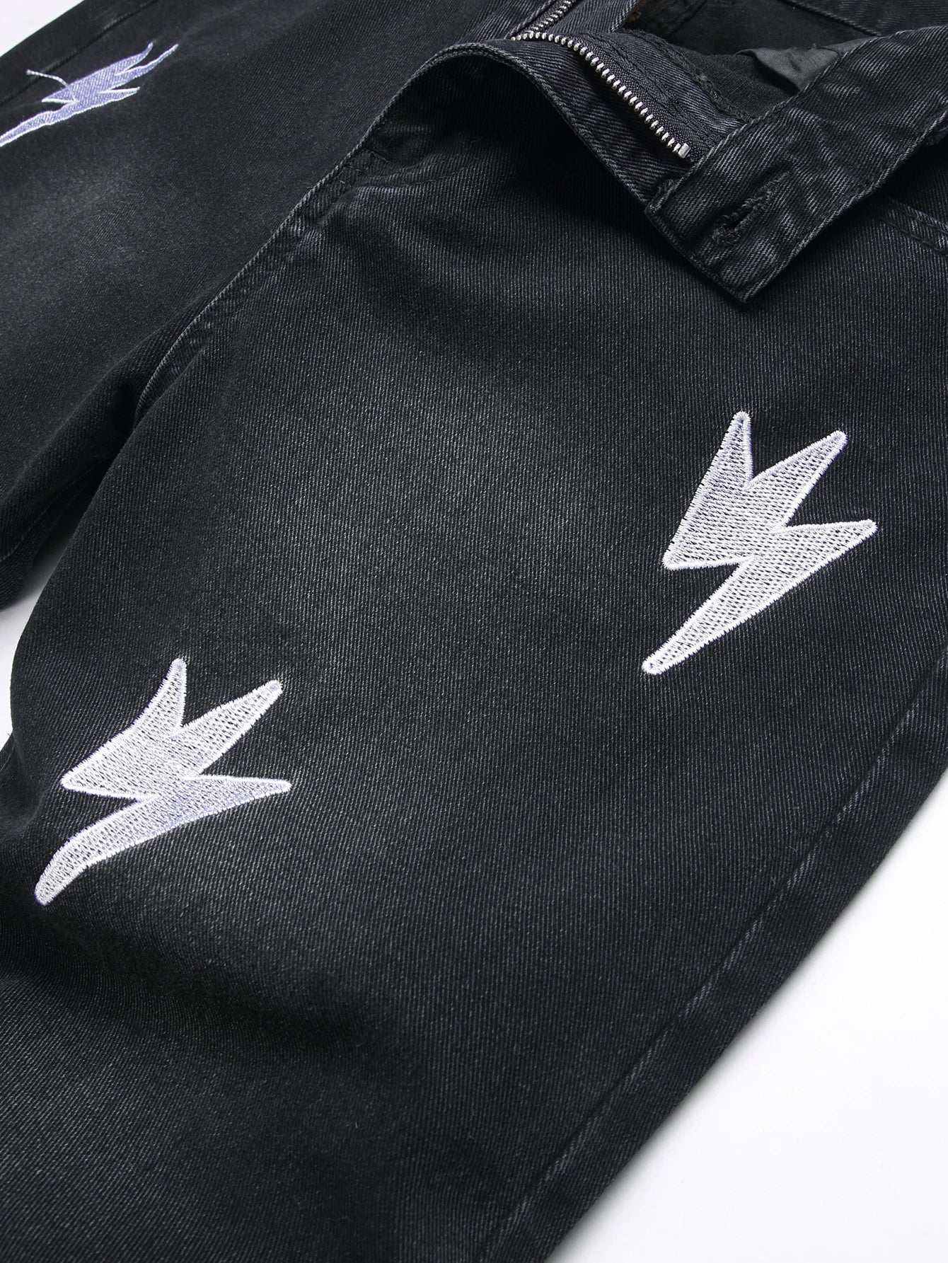 Men's Jeans Black High Street Fashion Embroidered Straight Leg Mid Rise Casual Denim Pants for All Seasons