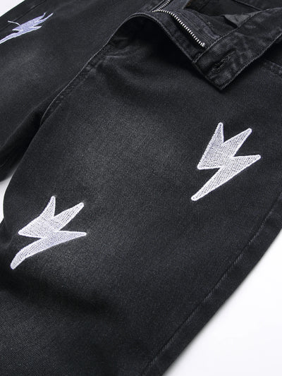 Men's Jeans Black High Street Fashion Embroidered Straight Leg Mid Rise Casual Denim Pants for All Seasons