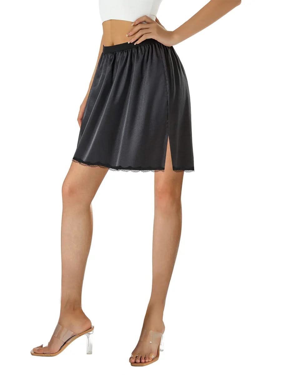 Women's Half Slips Elastic Waist Solid Color Satin Underskirt Lace Trim Skirt Under Dresses Bottoming Mini Slip Dress Petticoat
