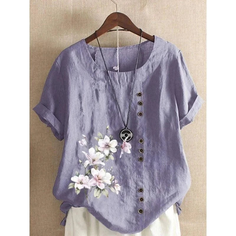 Elegant Comfortable Cotton Linen T-Shirt Women New Single-breasted Splicing Decoration Tops Female Casual Flower Print Tees 2024