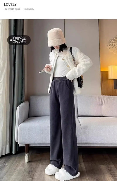 Winter Wide Leg Pants Women Autumn Plush Pants Women Extra Thick Lamb Fleece Warm Straight Korean Pants Joggers Women