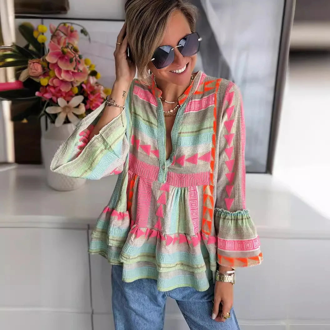 Women Loungewear Shirts V-Neck Long Flare Sleeve Fashion Ruffles Ladies Pullover Blouses 2023 Patchwork Streetwear Dropshipping