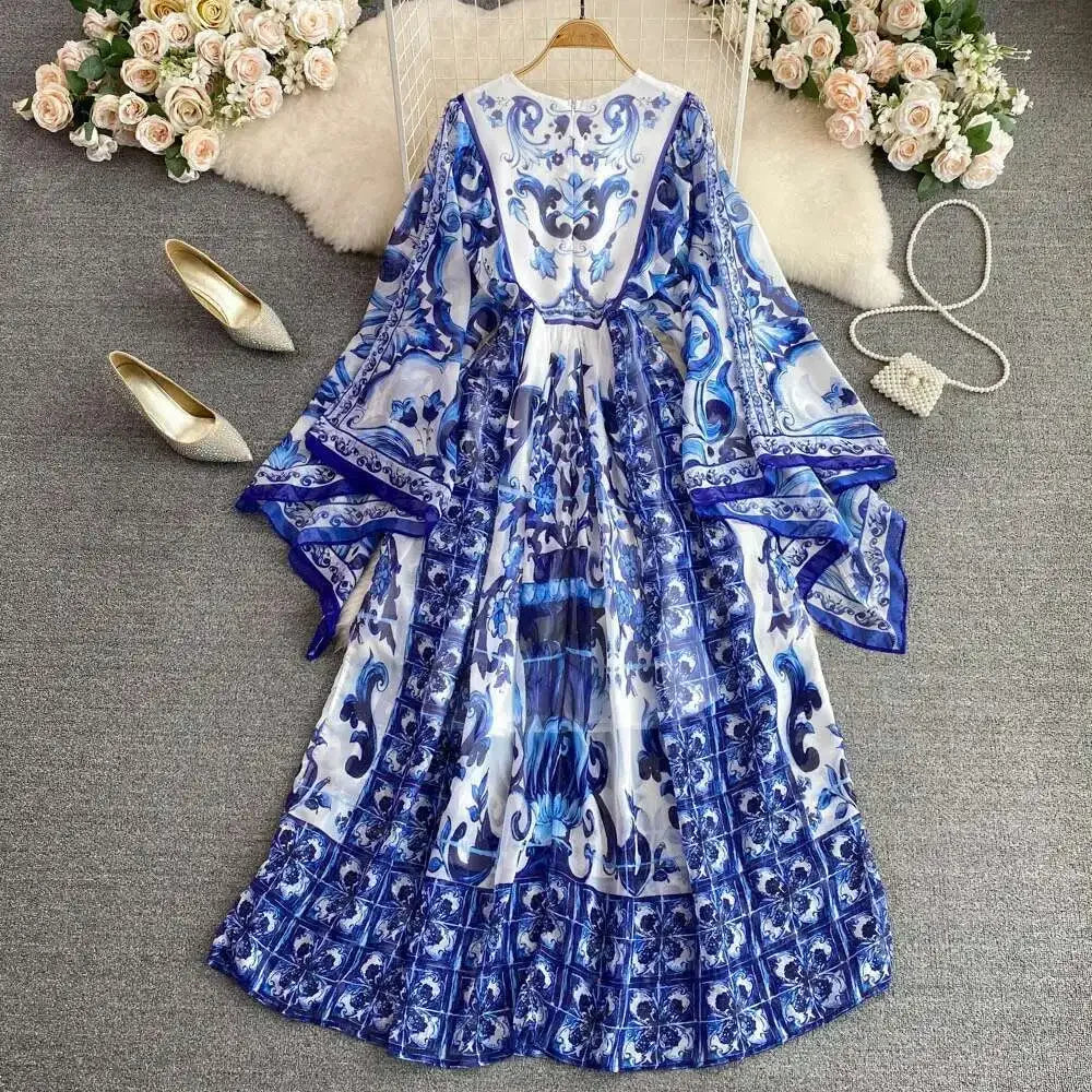 Women Maxi Chiffon Dress Summer Bohemian Rabbits Flower Porcelain Print Clothing Floor Length Flare Sleeve Long Vestidos