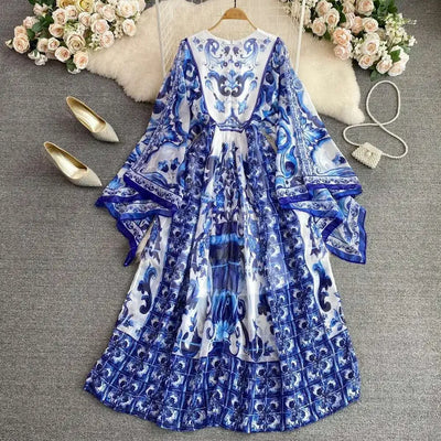 Women Maxi Chiffon Dress Summer Bohemian Rabbits Flower Porcelain Print Clothing Floor Length Flare Sleeve Long Vestidos