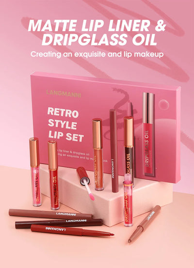 12PCS Retro Lip Set 6 Lipliner 6 Dripglass Oil Matte Shiny Long Lasting Makeup Kit Cosmetics Beauty Essentials