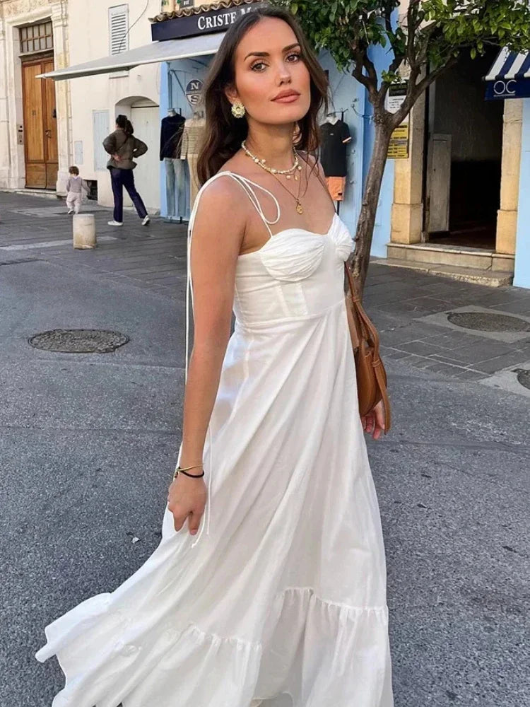 ZBZA Women's Tiered Poplin Dress Sweetheart Neckline Adjustable Bow Straps Sleeveless Camisole Midi Dress New Female Chic Dress