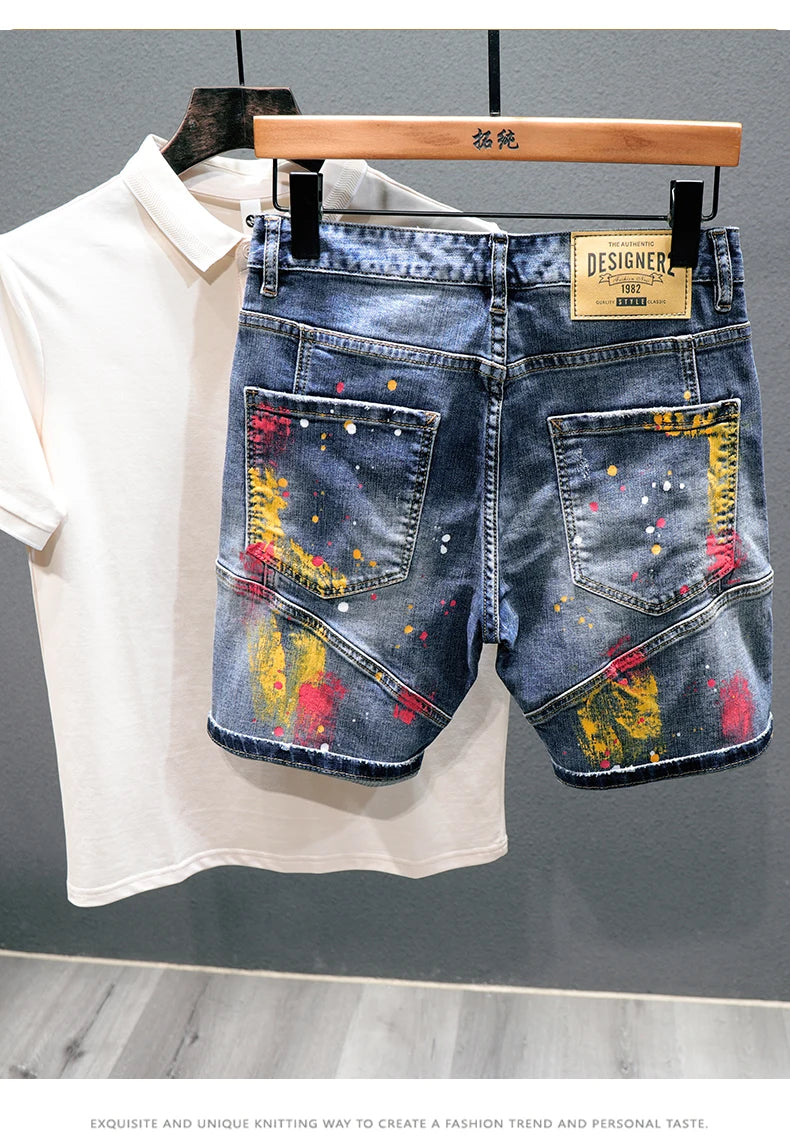 Men Fashion Denim Shorts Jeans New Summer Male Blue Ripped Jeans Shorts High Quality Man Paint Splash Technology Denim Shorts