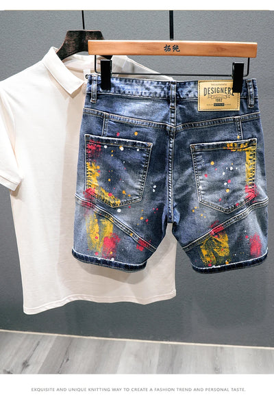 Men Fashion Denim Shorts Jeans New Summer Male Blue Ripped Jeans Shorts High Quality Man Paint Splash Technology Denim Shorts