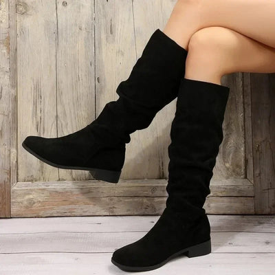 Women's fashion boots stylish round-toed designer high boots, simple nude pleated plus-size women's boots for autumn and winter