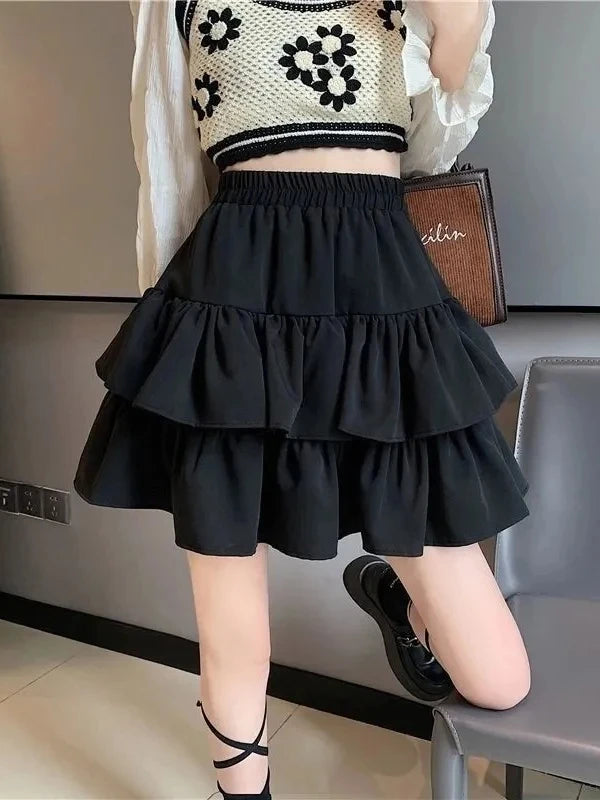 Pleated A-Line Skirt Women White Ruffle Sweet Tierred Pretty Style Skirt Elastic Waist Summer Slim Basic Korean Harajuku Dress