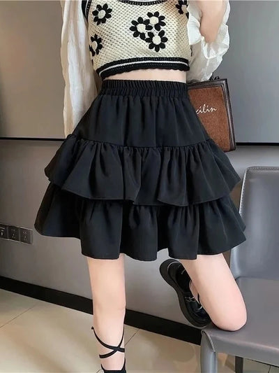 Pleated A-Line Skirt Women White Ruffle Sweet Tierred Pretty Style Skirt Elastic Waist Summer Slim Basic Korean Harajuku Dress
