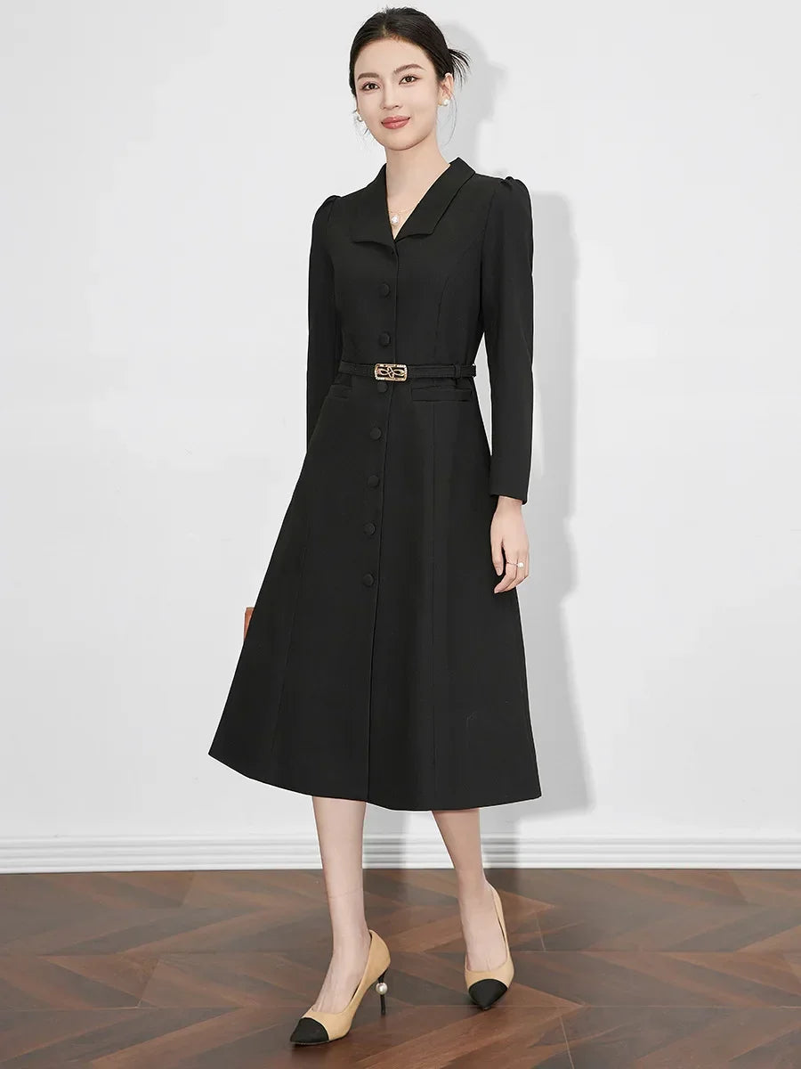 Dresses For Women 2024 Luxury Brand Autumn Long Dress Women's Turn-down Collar Sleeves Single Breasted Sashes Office Lady