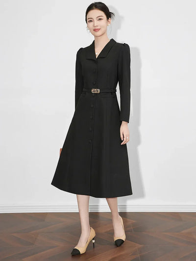 Dresses For Women 2024 Luxury Brand Autumn Long Dress Women's Turn-down Collar Sleeves Single Breasted Sashes Office Lady