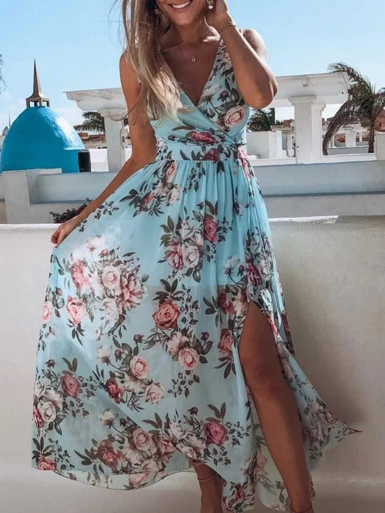 Summer Women Dress Floral Print Fashion Slim V-Neck Tie-Up Backless Chiffon Sexy Sleeveless Slit Maxi Cover-Ups Robe Beach Dress