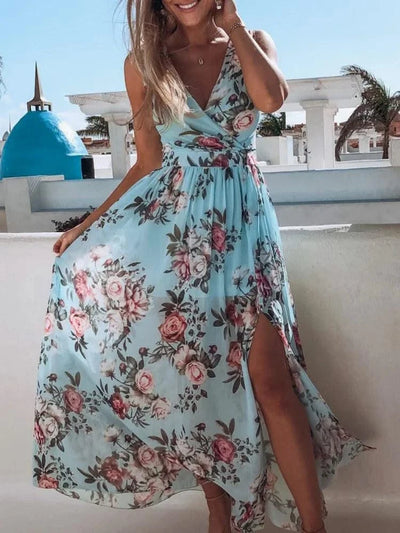 Summer Women Dress Floral Print Fashion Slim V-Neck Tie-Up Backless Chiffon Sexy Sleeveless Slit Maxi Cover-Ups Robe Beach Dress