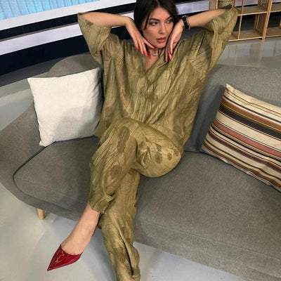 Women's Jacquard Oversized Shirt Trousers Short Sleeves Suit Lapel Shirt High Waist Elastic Straight Leg Pants Chic Female Set