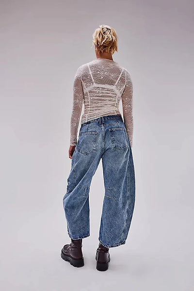 Midiross High Stretch Mid-Rise Barrel Jeans Fashion wide Leg Shape Women Casual Baggy Mid Waist Denim Jeans