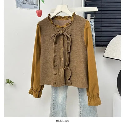 French Ruffle Bow Tie Long Sleeve Blouse Women's Autumn Luxury Chic