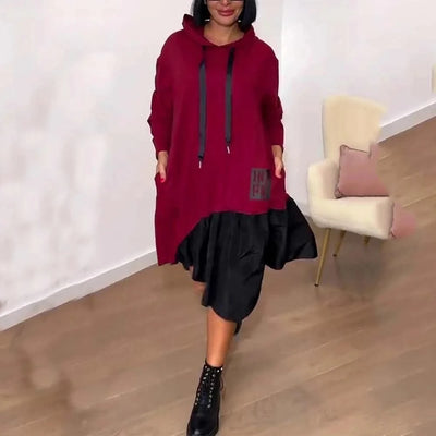 New Hooded Sweatshirt Dress For Women 2025 Spring Long-sleeved Printed Patchwork Dress Casual Loose Lace Up Long Dress Black