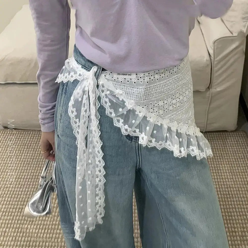 A-line Skirt White Women Lace Skirt Girls Hair Scarf Elegant Hairwrap Y2k Streetwear Ruffle Skirts Lace Up Matching Pants Skirt