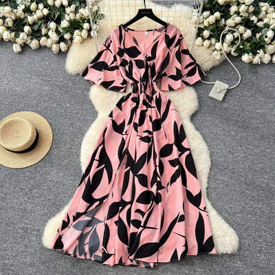 Summer Beach Women Floral Party Dress Summer New Maxi Long Dress Elegant Casual Leaf Printed Hem Dress Vestidos Female