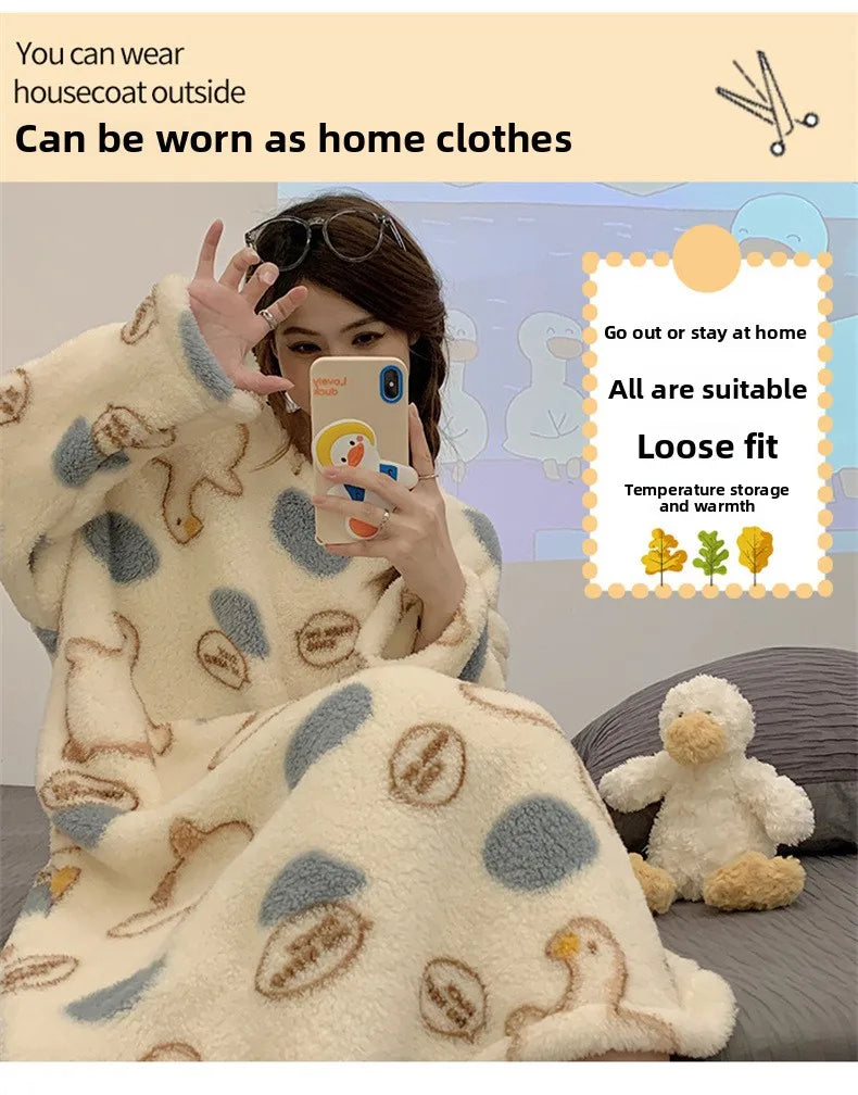 Autumn Winter Wearable Outdoors Loungewear Women Flannel Long Sleeve Cartoon Pullover Nightgown Lady Style Female Sleepwear