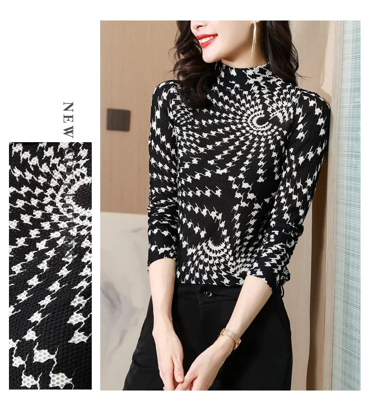 Printed Waffle Mesh T-shirts For Women New Autumn Slim-fit Base Half High Neck Strech Basic Tops Female