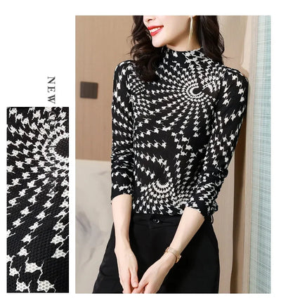 Printed Waffle Mesh T-shirts For Women New Autumn Slim-fit Base Half High Neck Strech Basic Tops Female