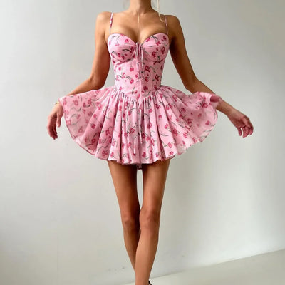 Elegant Floral Dress Women Fitted Waist Summer Dress Sexy Birthday Party Dress Lace Up Club Gowns Women Clothing