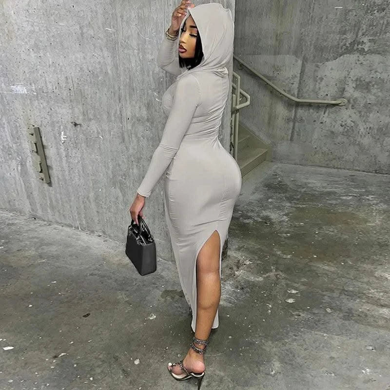 Hooded Long Dress For Women Y2k Clothes Sexy Streetwear Long Sleeve Bodycon Vestidos De Mujer Solid Robe Femme Été Back Split