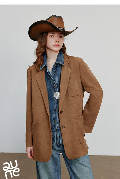 TOYOUTH Women Blazer 2025 Autumn New Barn Style Retro Brown Suede Lightweight Lapel Collar Single Breasted Button Suit Coat