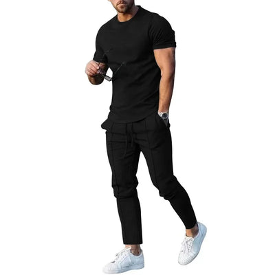 Mens Suit Summer Two-piece Suit Short-sleeved T-shirt Casual Fashion Trousers Sets for Men