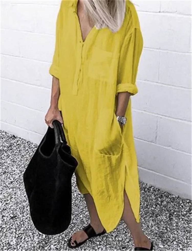 Women's Cotton Linen Shirt Dresses Loose Long Sleeve Turn-Down Collar Pullover Solid Dresse Casual Holiday Beach Party Sundress