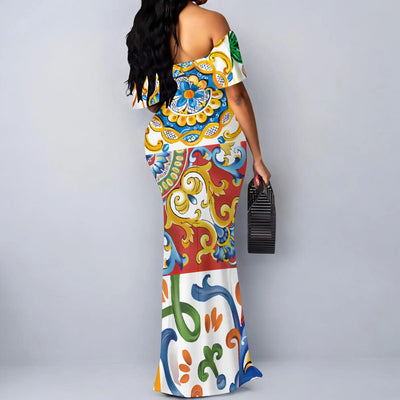 S-3XL Italian Tile Print Maxi Dress Off Shoulder Summer Holiday Boho Dress for Women