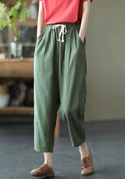 2024 Spring Summer Cotton Linen Pants Women Solid Color Casual Ankle-length Pant Woman Lace-up Waist Loose Trousers
