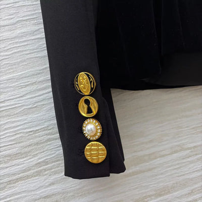 2025 New Autumn Black Velvet Wrapped Chest Panel Design Office Lady Jacket Women V-neck Long Sleeve Gold Eye Button Elegant Coat