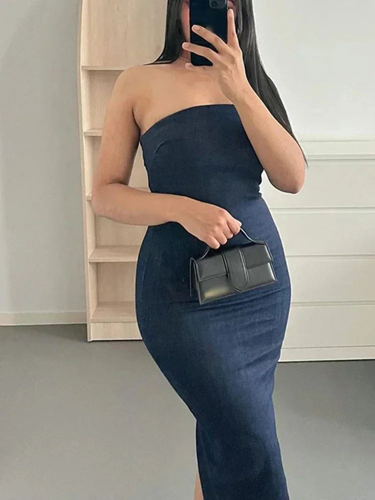Off Shoulder Denim Dress Woman Blue Corset Long Dress Women Midi Bodycon Dresses For Women 2025 Elegant Party Dresses