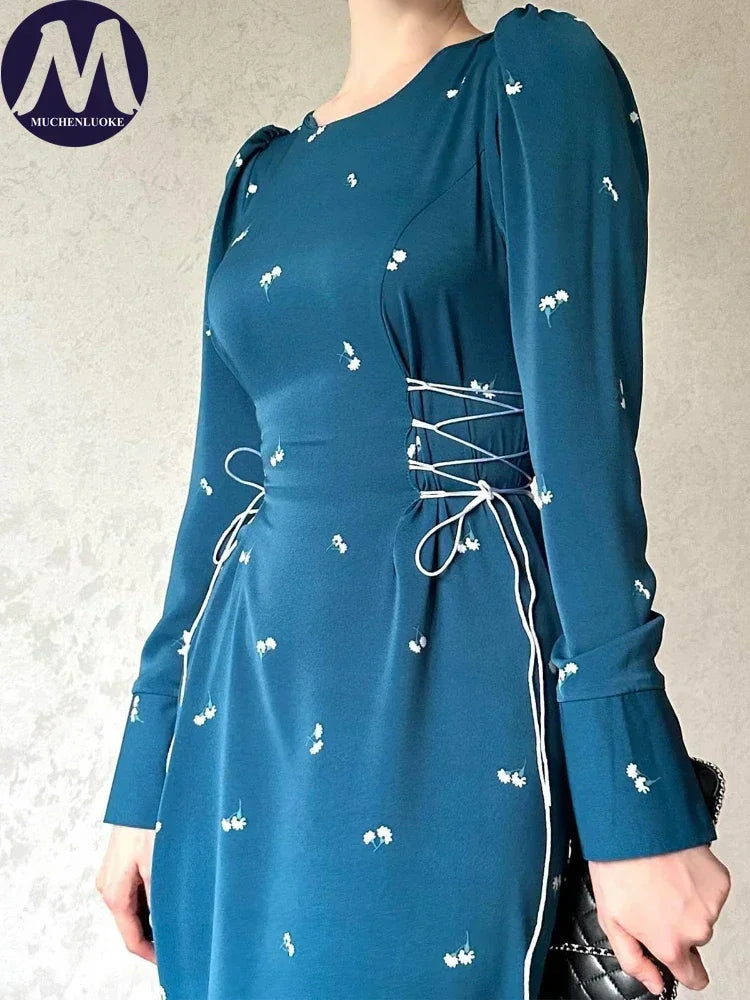 Elegant Dresses for Women 2025 Spring Summer New Long Sleeve O Neck Dress Fashionable Slim Fit Lace Up Lower Back Evening Dress
