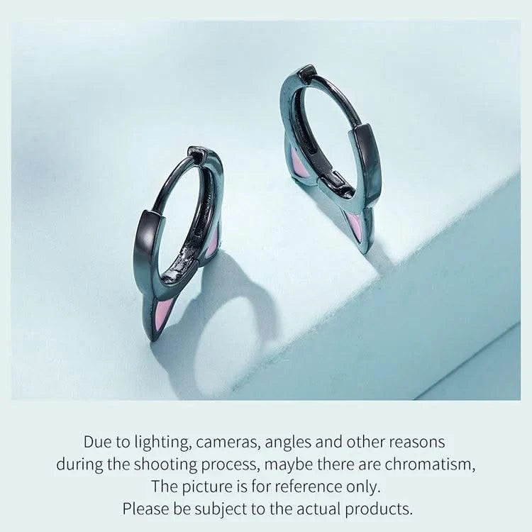 WOSTU Real 925 Sterling Silver Cat Ear Hoop Earrings For Women Lovely Pink Cute Pet Paw Studs Clips Girl Unique Jewelry Gift