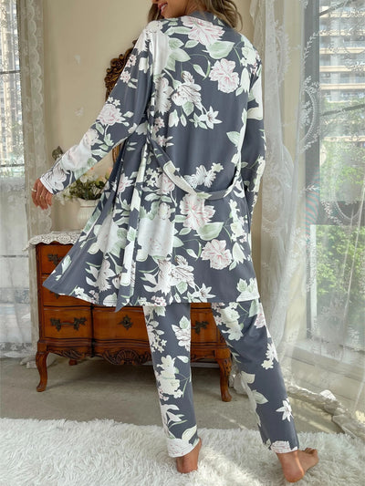 Women's Sleepwear Lounge Wear 3 Pcs Women Pajamas Set  Floral Printed Sleepwear Cami Top&Long Pants with Bathrobe Dressing Gown