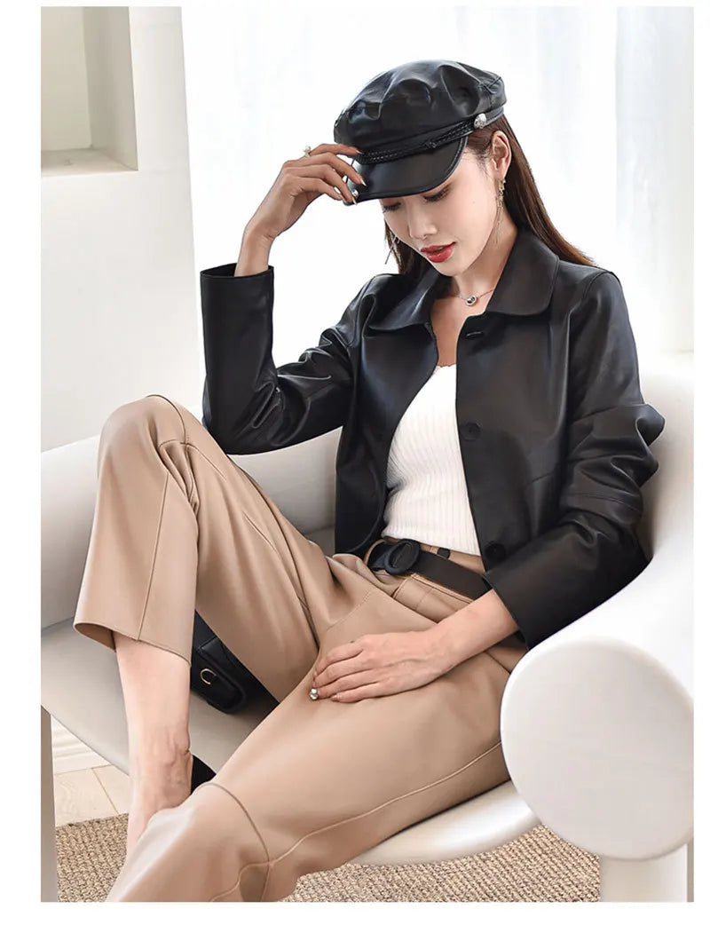 Women's Sheepskin Short Tops Harajuku Fashion Jassen Dames Slim Jaqueta De Couro Legítimo Square Collar Trendy Streetwear Coat