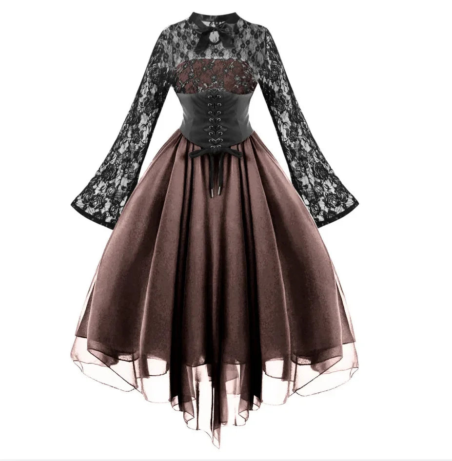 Renaissance Court Gown Victorian Medieval Costume Women Halloween Cosplay Full Sleeve Lace Dress Birthday Party Princess Suit