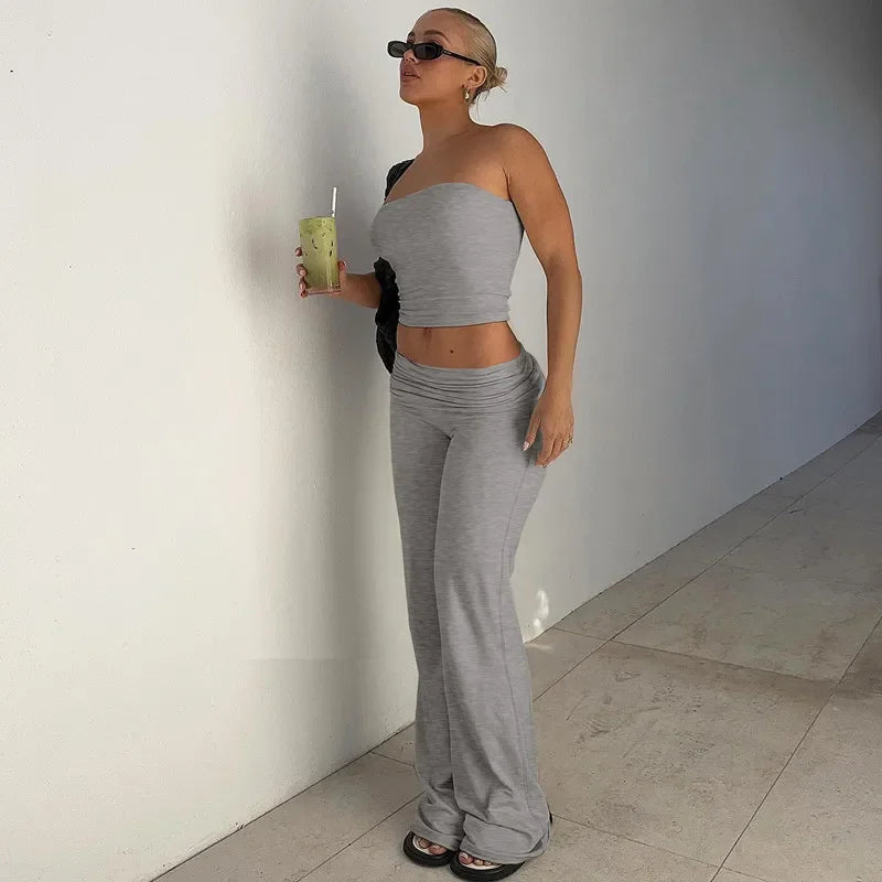 Women's Clothing 2025 Spring Fashion New Item Solid Color Strapless Top Flared Pants Fashionable Slim Fit Sports Suit for Women