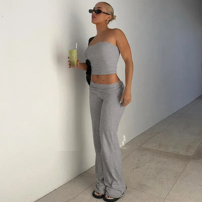 Women's Clothing 2025 Spring Fashion New Item Solid Color Strapless Top Flared Pants Fashionable Slim Fit Sports Suit for Women
