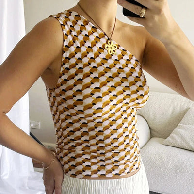 Women's One Shoulder Tops Slim Flower Print Slash Neck Backless